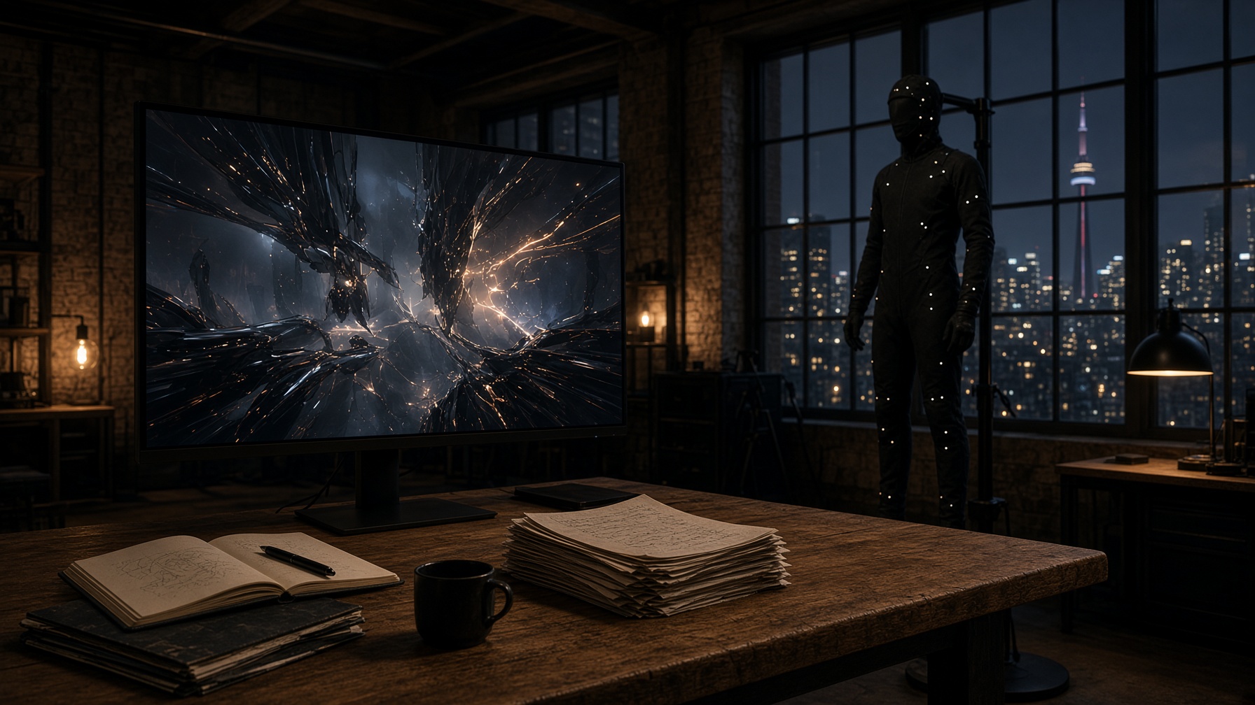 Synapz studio loft with Unreal viewport and motion-capture rig